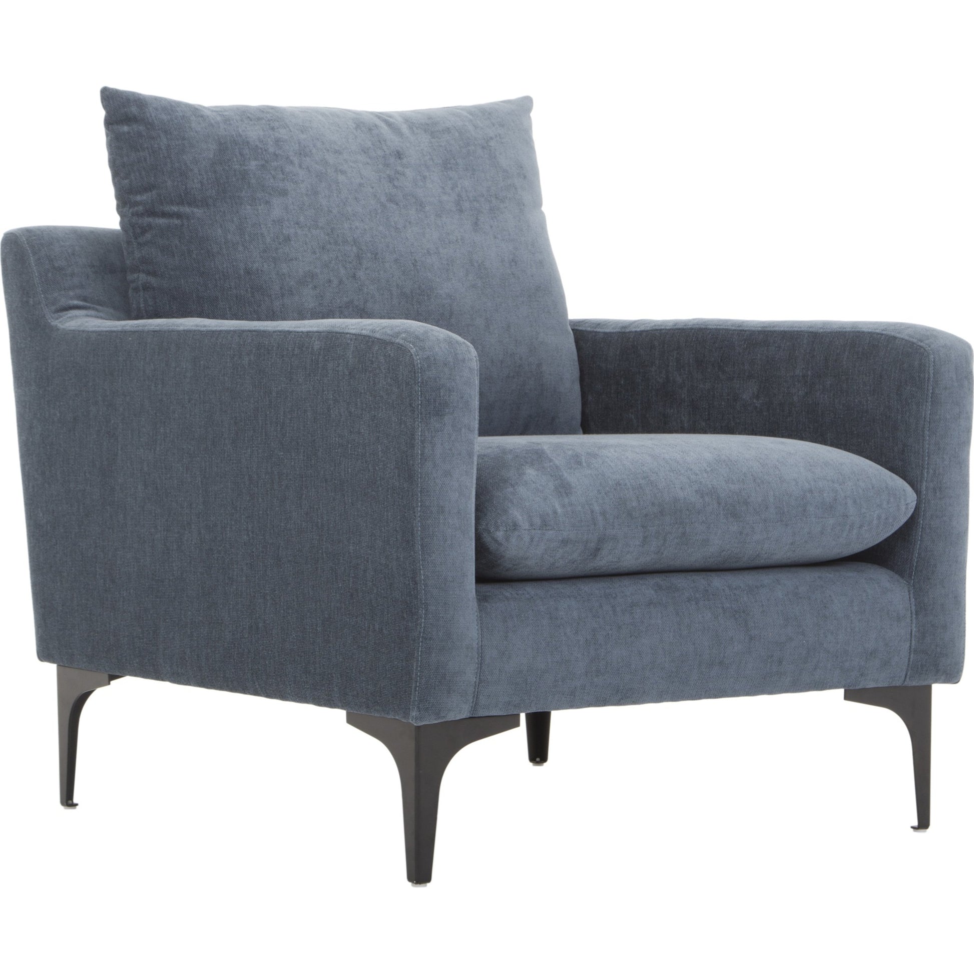 Paris Armchair by Moe's Home Collection in blue. Made from upholstery: 100% polyester, pine, plywood frame, webbing support, steel legs, foam in a transitional style.