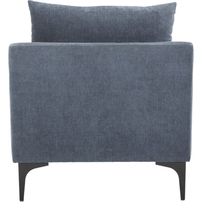 Paris Armchair by Moe's Home Collection in blue. Made from upholstery: 100% polyester, pine, plywood frame, webbing support, steel legs, foam in a transitional style.