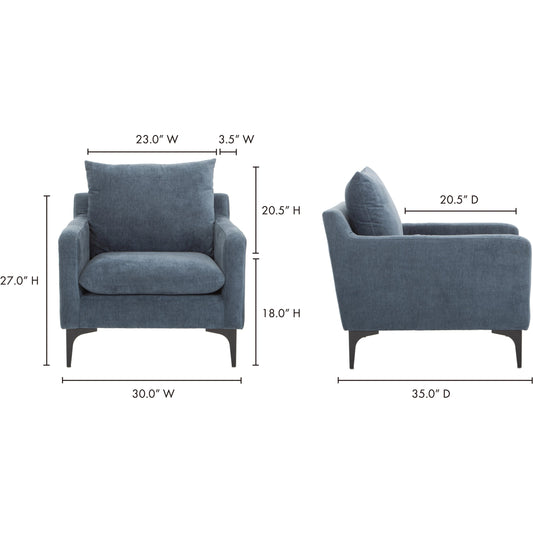 Paris Armchair by Moe's Home Collection in blue. Made from upholstery: 100% polyester, pine, plywood frame, webbing support, steel legs, foam in a transitional style.