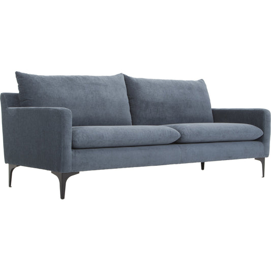Paris Sofa by Moe's Home Collection in blue. Made from upholstery: 100% polyester, pine, plywood frame, webbing support, steel legs, foam in a transitional style.