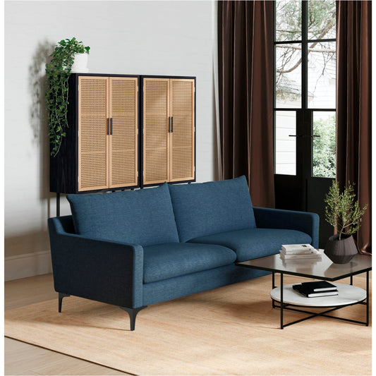 Paris Sofa by Moe's Home Collection in blue. Made from upholstery: 100% polyester, pine, plywood frame, webbing support, steel legs, foam in a transitional style.