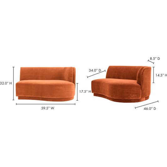 Yoon Chaise by Moe's Home Collection in fired rust. Made from upholstery: 100% polyester, fsc wood 100% on frame, webbing, coil spring support, high resilience fire retardant foam, fiber fill in a unique style.