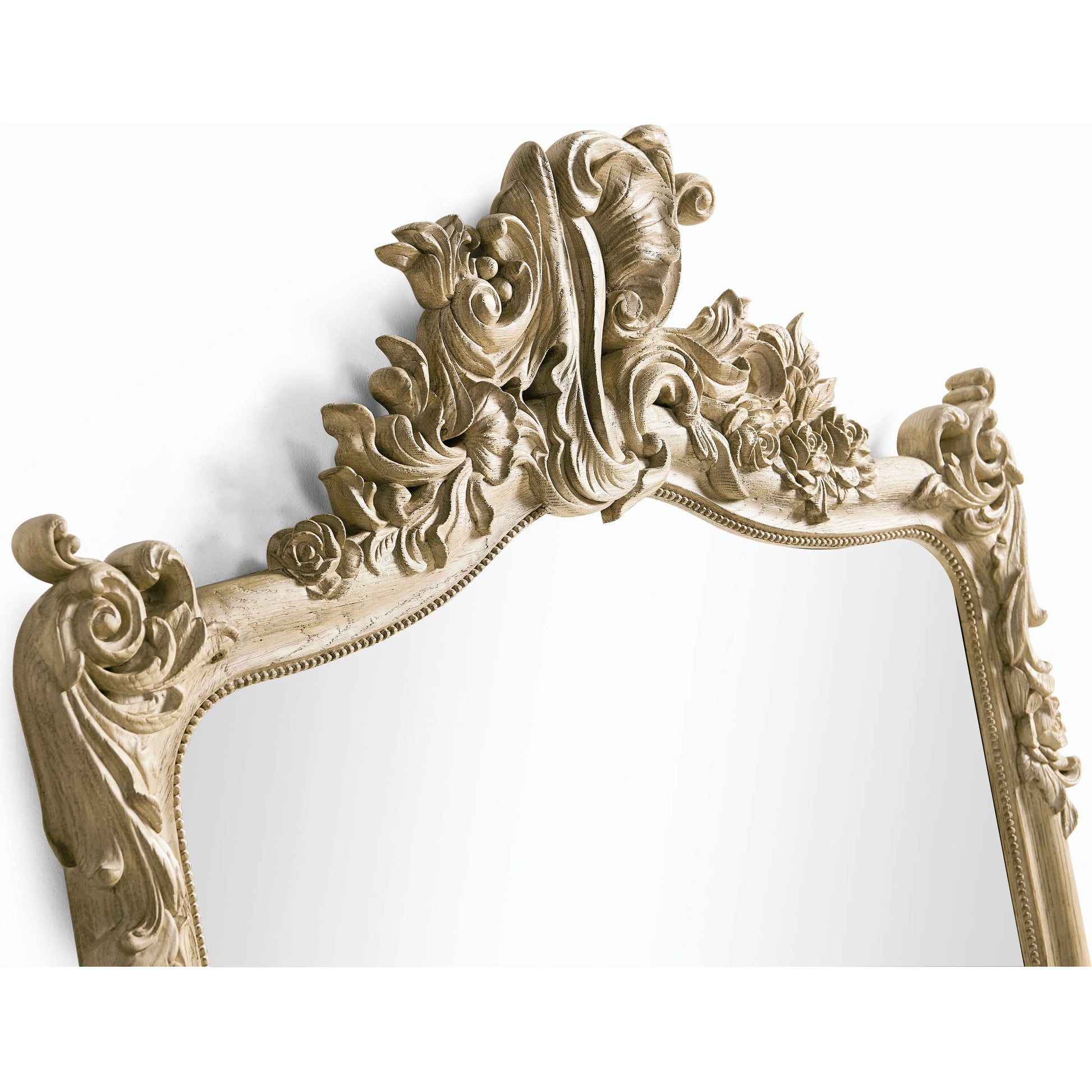 Timeless Eden Carved Wall Mirror by Jonathan Charles in bleached chestnut. Made from oak, glass in a traditional style.