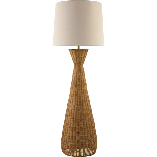 Jember Floor Lamp by Surya in brown, metallic gold, white. Made from rattan, iron, linen, polyester in a unique style.