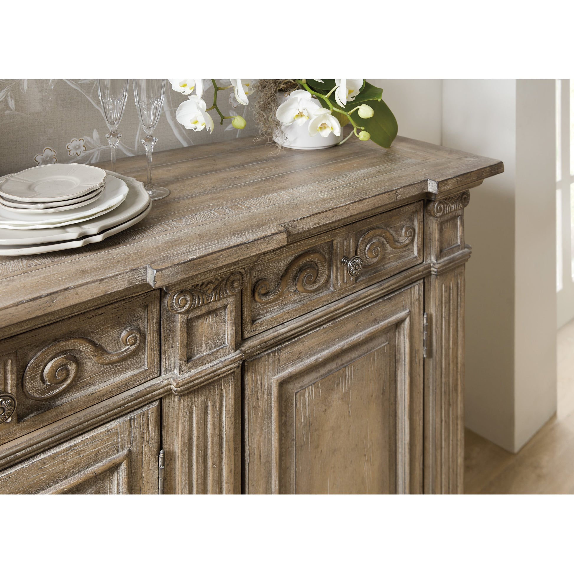 Castella Credenza by Hooker Furniture in antique slate. Made from quartered walnut, quartered black walnut, quartered ash, maple veneers in a traditional style.