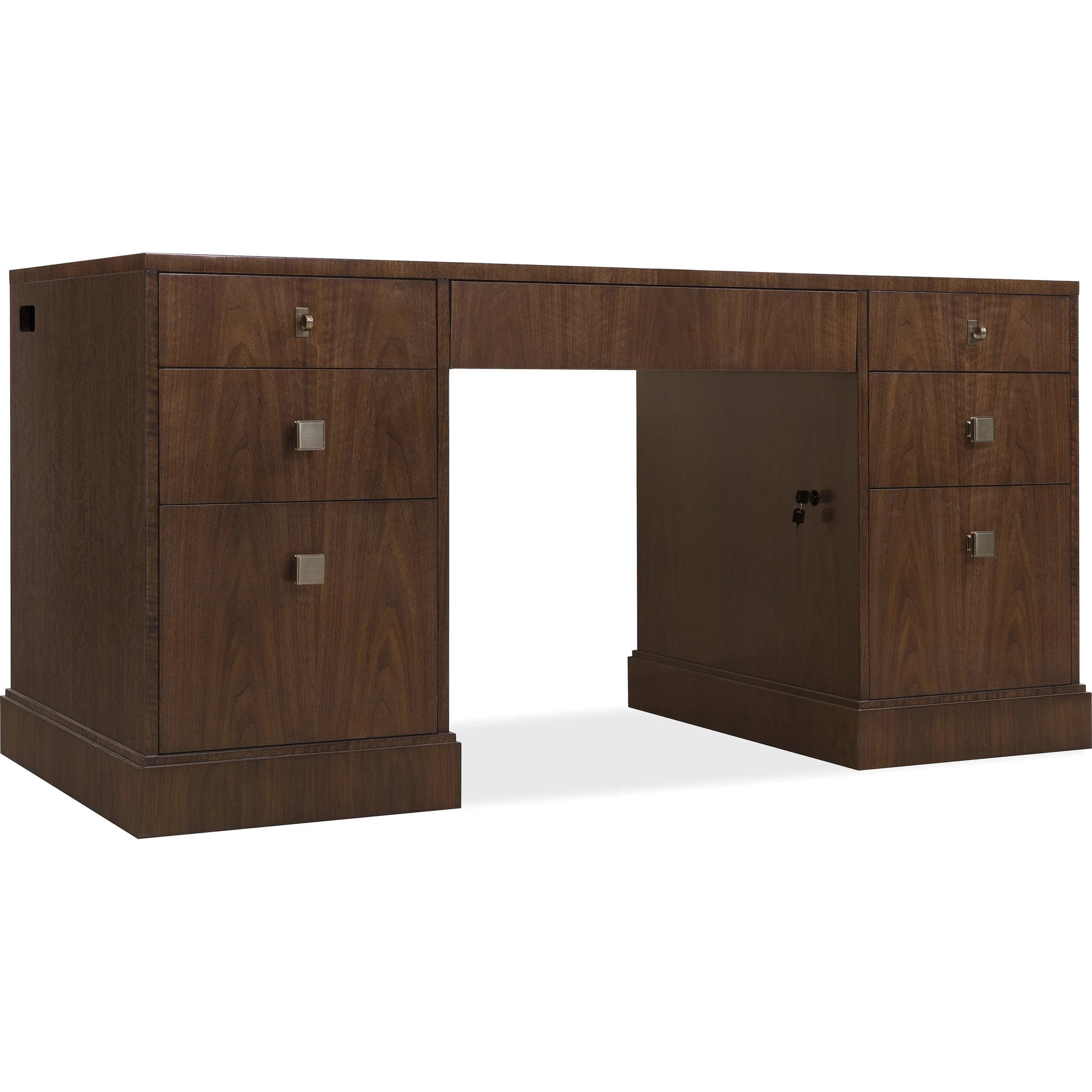 Archives Executive Desk by Hooker Furniture in classic walnut, walnut veneers. Made from leather, hair on hide leather, figured walnut veneers in a traditional style.