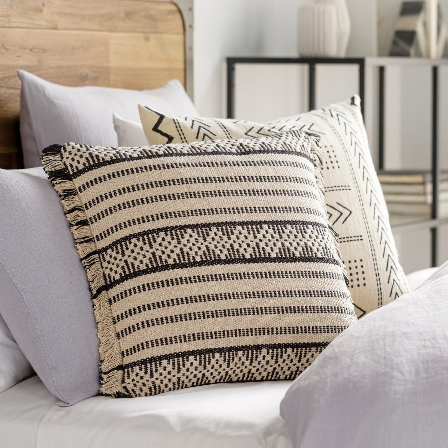 006 SI-1883387,SI-1883388,SI-1883389,SI-1883390 | Lifestyle | Jasna Pillow - 27455 by Surya in cream, black. Made from 100% cotton in a eclectic & global style.