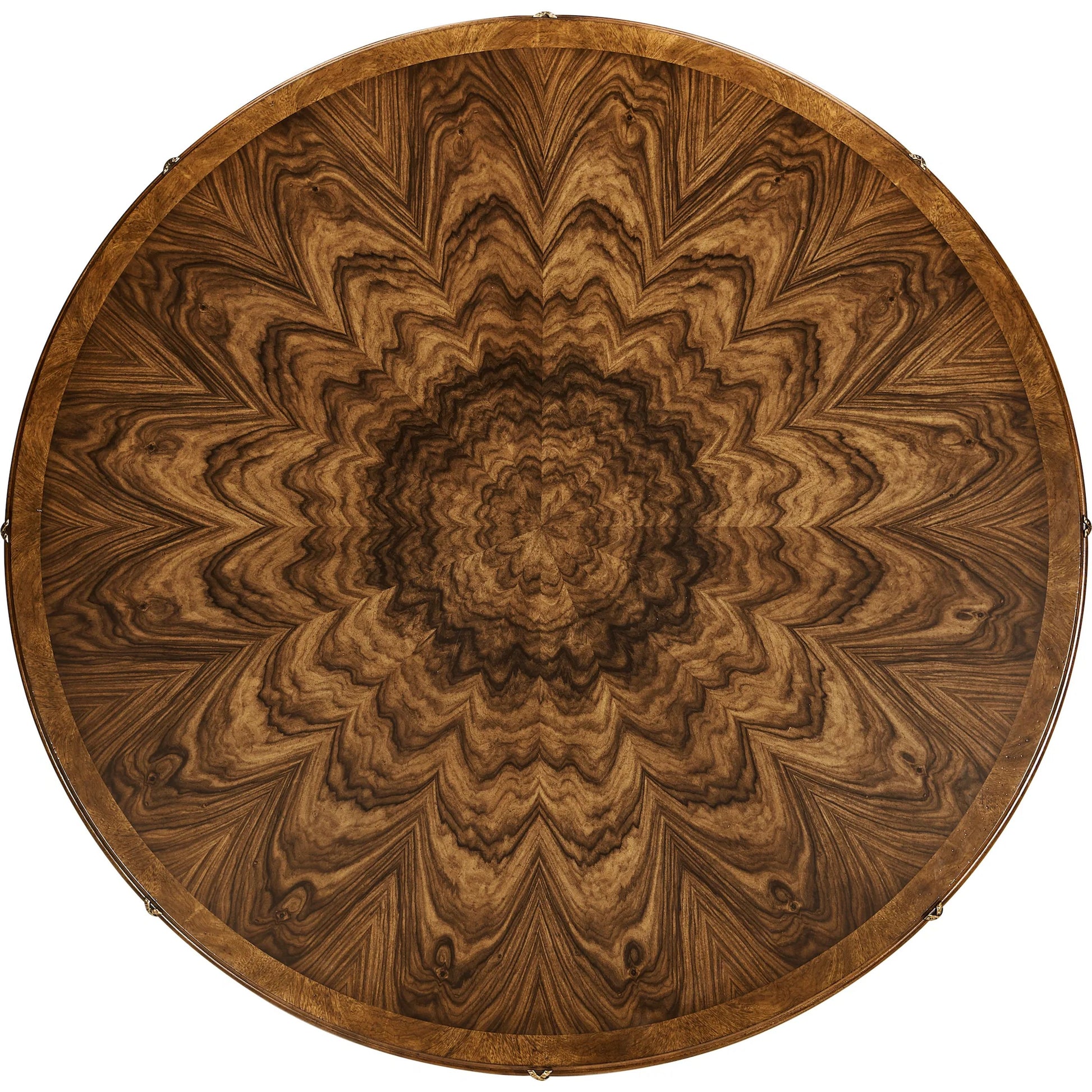 Viceroy Round Dining Table by Jonathan Charles in brown and santos brown, antique brass. Made from mahogany, cerejeira veneers, santos rosewood crown veneers, brass in a traditional style.