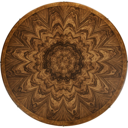 Viceroy Round Dining Table by Jonathan Charles in brown and santos brown, antique brass. Made from mahogany, cerejeira veneers, santos rosewood crown veneers, brass in a traditional style.