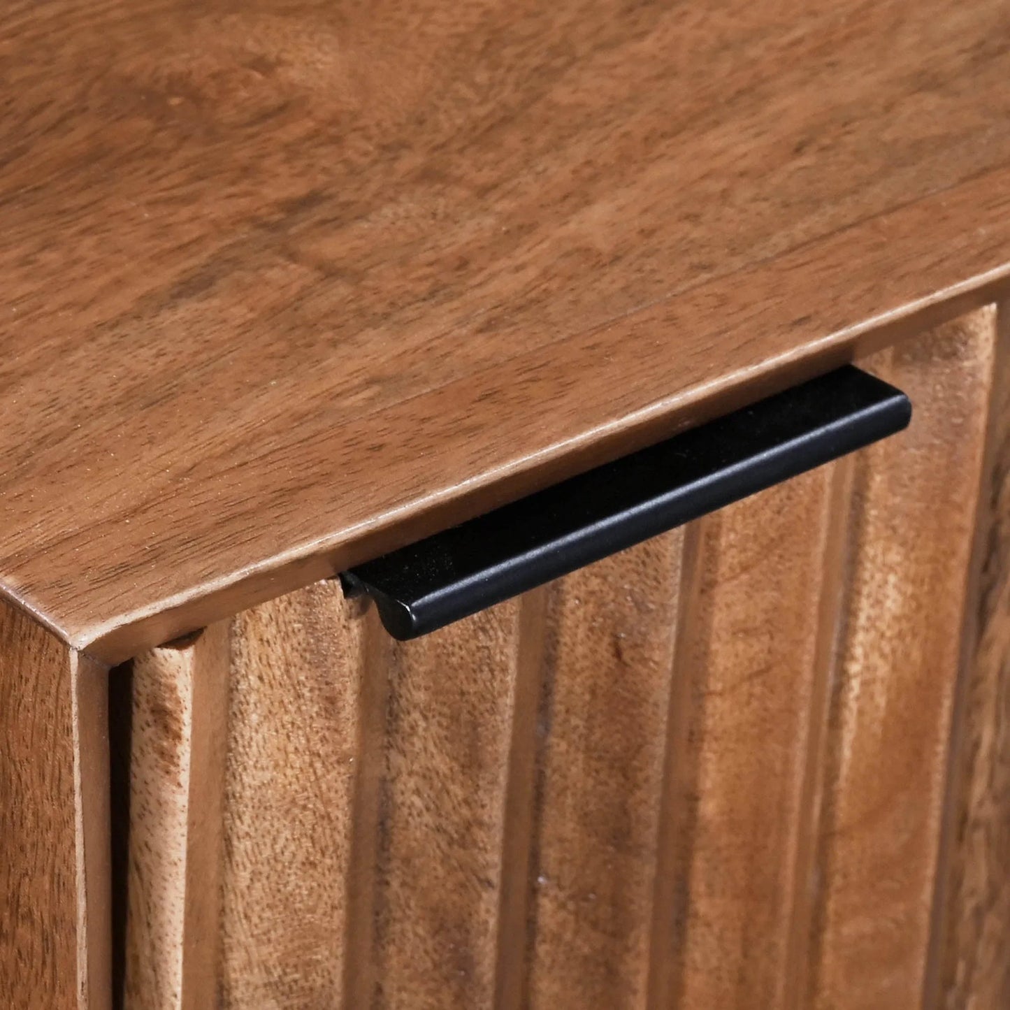 010 SI-2325092 | Closeup | Nikita Nightstand by LH Imports in pecan and pecan, black. Made from mango wood, iron base in a unique style.