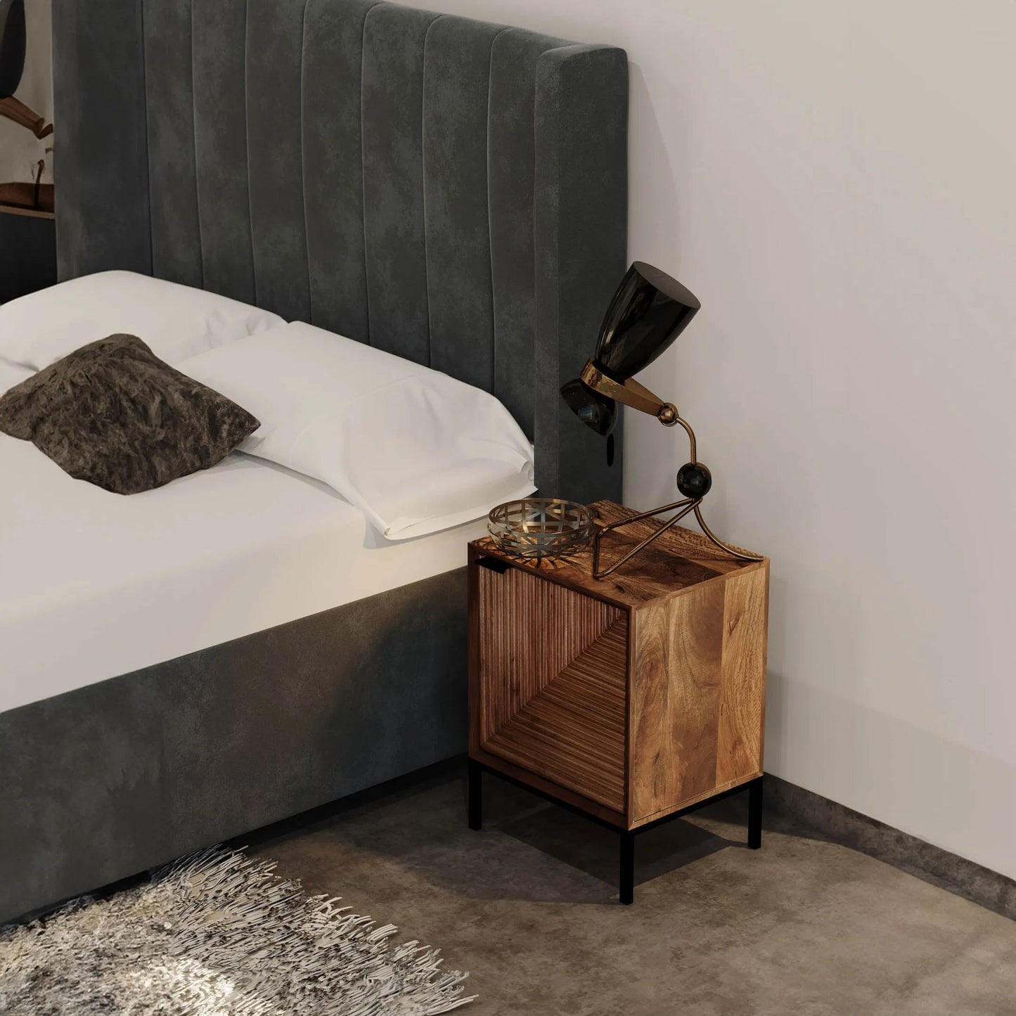 001 SI-2325092 | Lifestyle | Nikita Nightstand by LH Imports in pecan and pecan, black. Made from mango wood, iron base in a unique style.