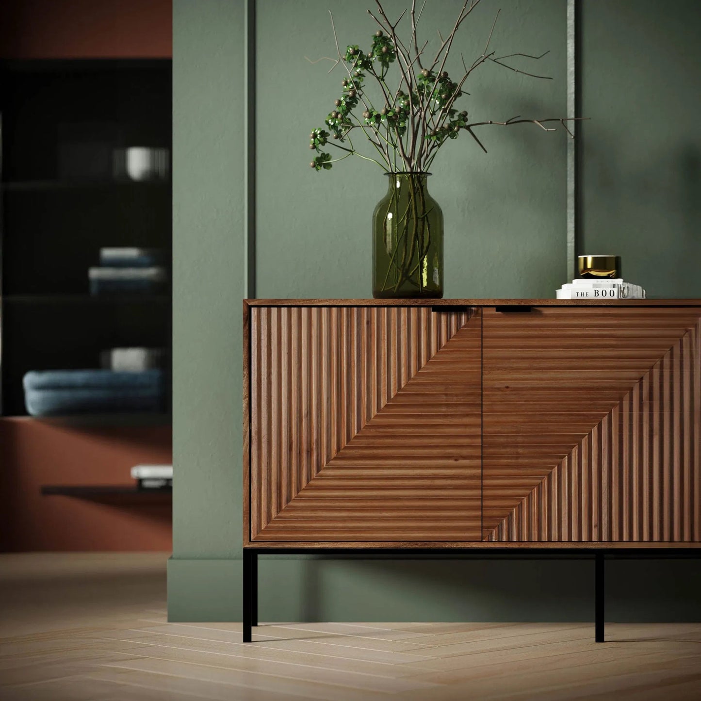 004 SI-2325093 | Lifestyle | Nikita Sideboard by LH Imports in pecan and pecan, black. Made from mango wood, iron base in a unique style.