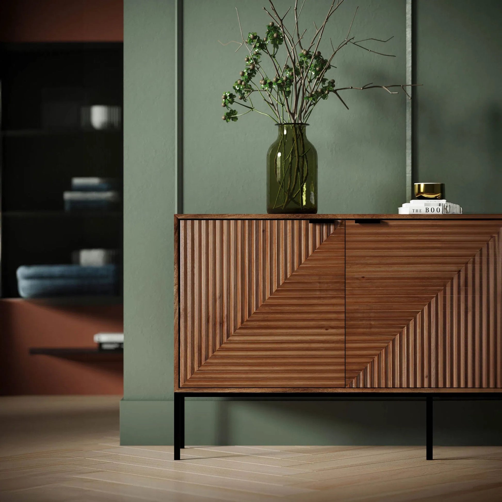 Nikita Sideboard by LH Imports in pecan and pecan, black. Made from mango wood, iron base in a unique style.