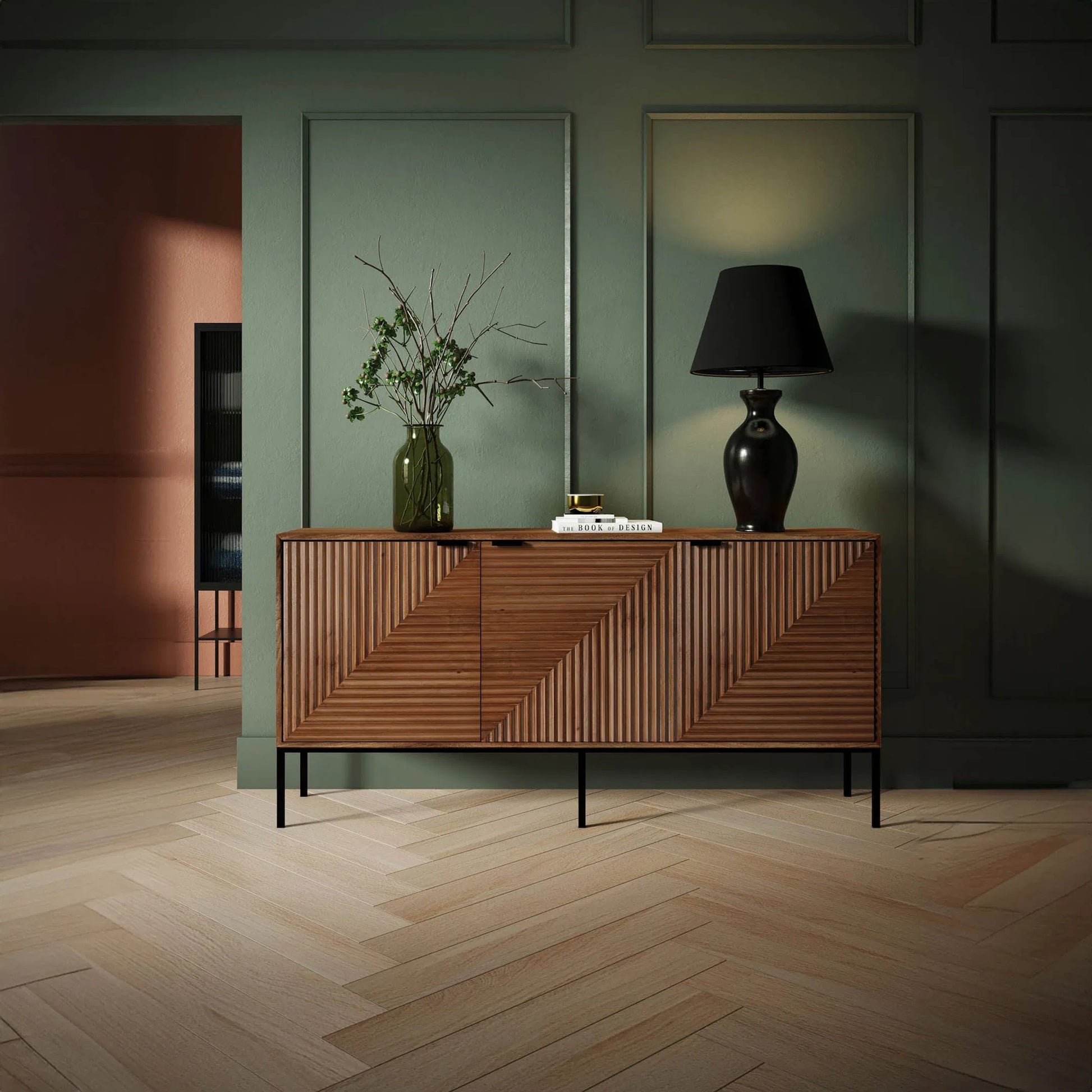 Nikita Sideboard by LH Imports in pecan and pecan, black. Made from mango wood, iron base in a unique style.