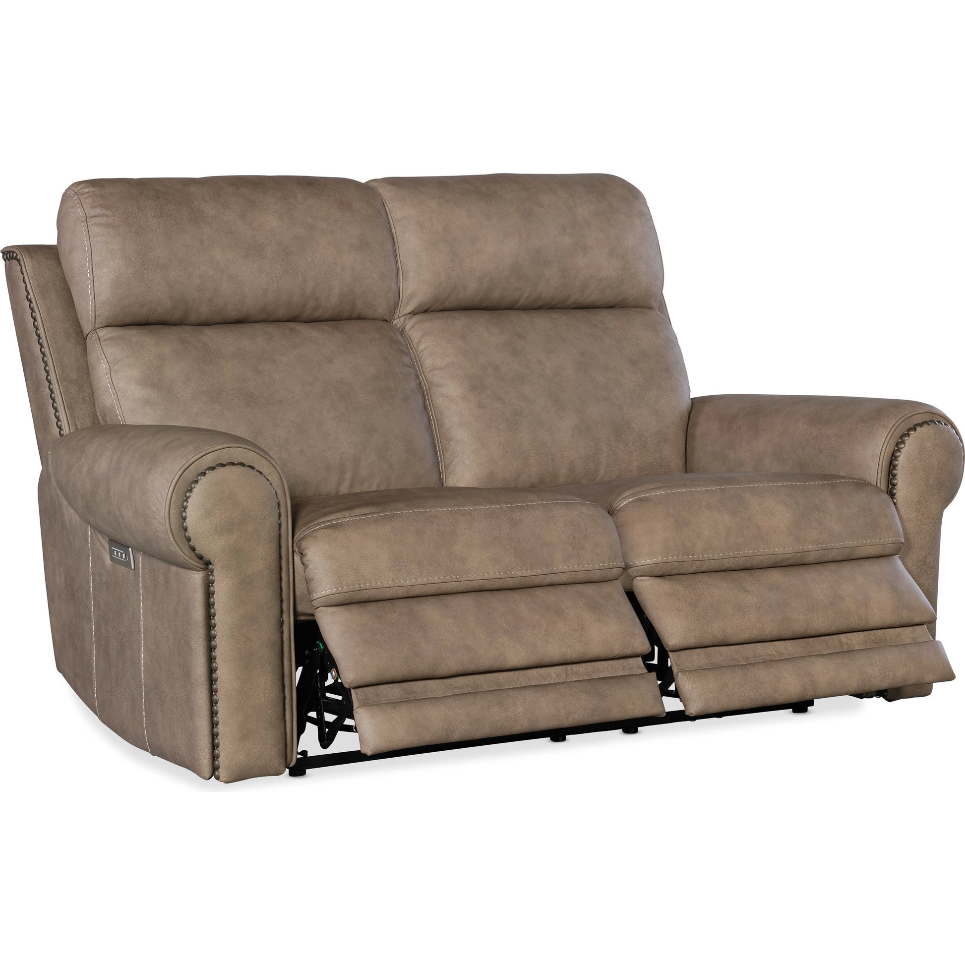 Duncan Power Loveseat by Hooker Furniture in kalahari bark. Made from leather, kalahari bark (semi-aniline top grain with splits) in a traditional style.