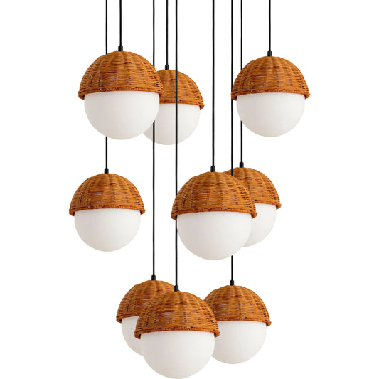 Janze Chandelier by Surya in white, black, gold. Made from iron, glass, rattan in a unique style.