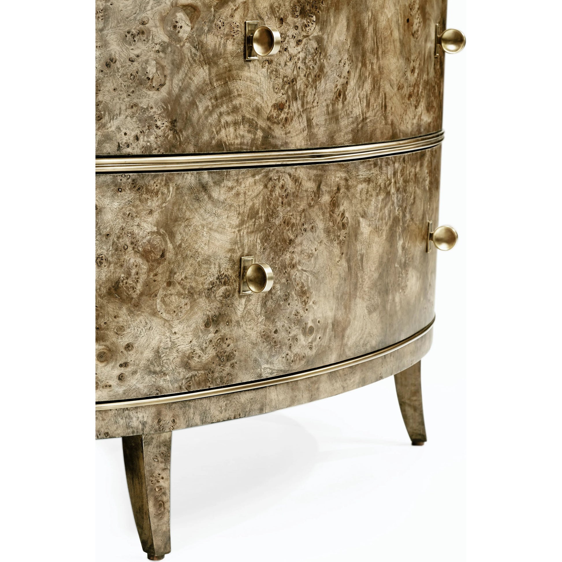 Reimagined Fulgurite Mappa Burl Demilune by Jonathan Charles in golden amber. Made from mappa burl veneer, brass hardware in a modern style.
