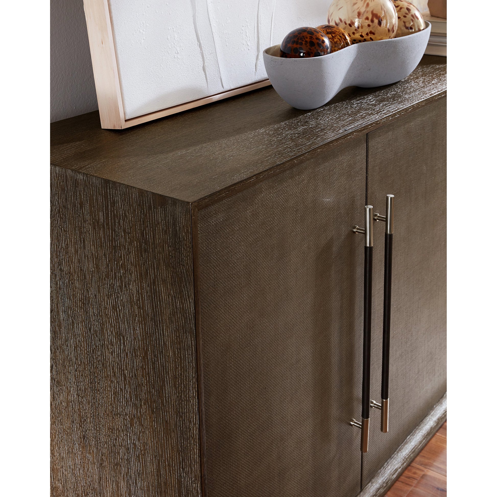 Modern Mood Entertainment Console by Hooker Furniture. Made from oak veneers, raffia in a modern style.