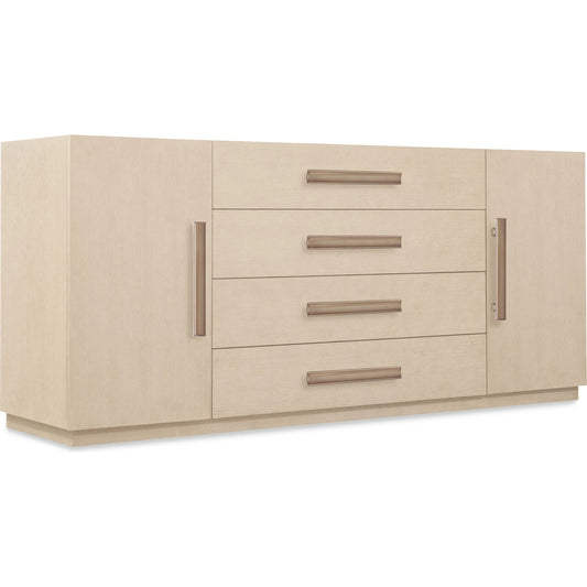 Westwood Buffet by Hooker Furniture in light wood and polished limestone. Made from oak veneers in a transitional style.