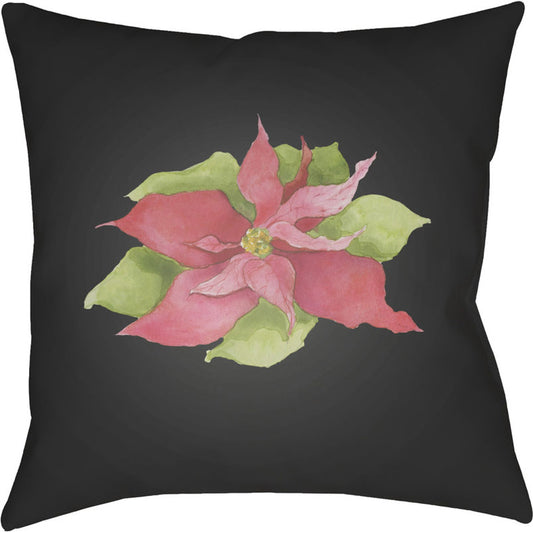 Poinsettia Pillow - 16561 by Livabliss in black, green, red. Made from front: 100% polyester, back: 100% polyester in a traditional style.