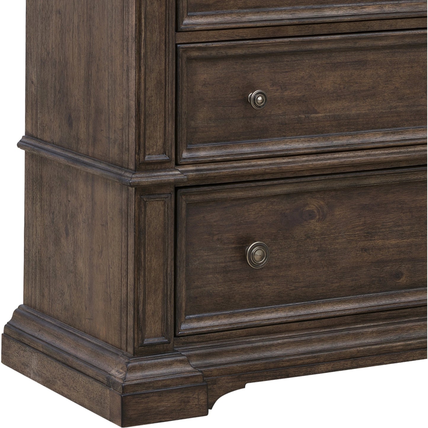 008 SI-2143489 | Closeup | Woodbury Five-Drawer Chest by Pulaski Furniture in cowboy boots brown. Made from rubberwood in a traditional style.