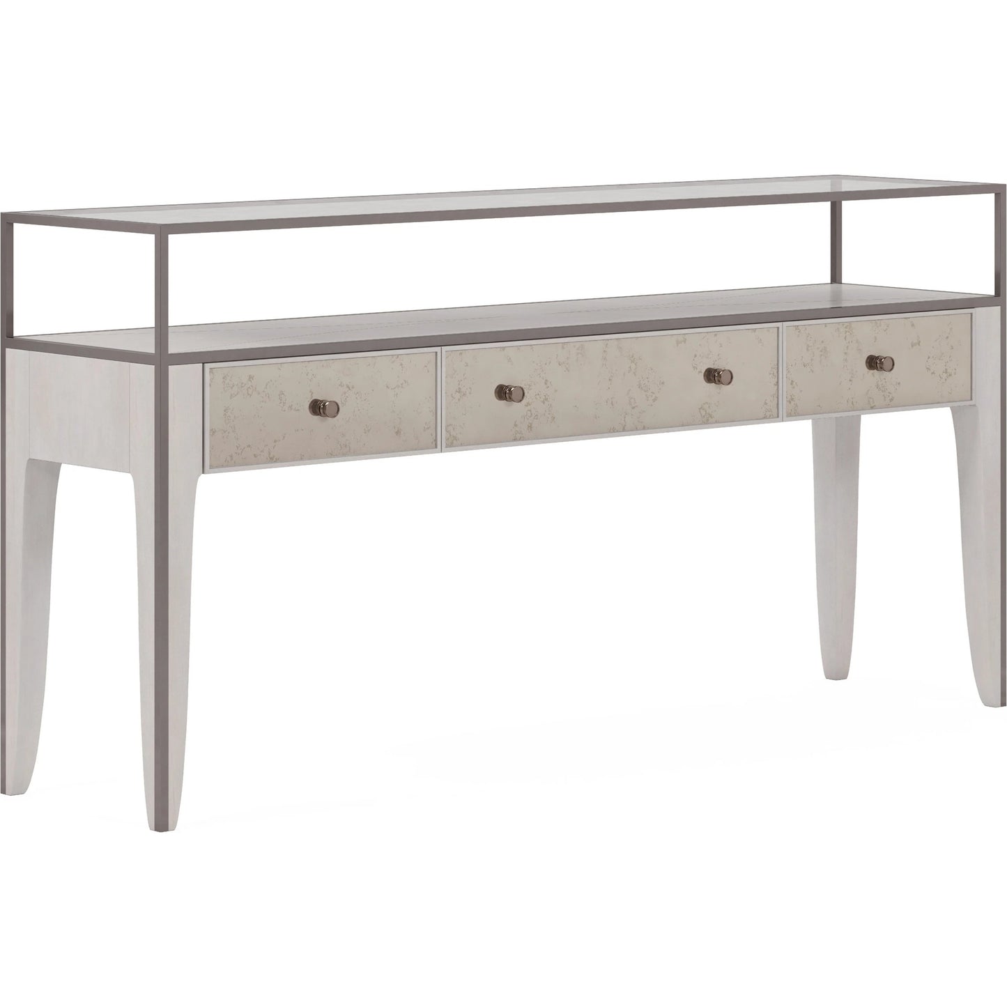 001 SI-2155802 | Primary Silo | Mezzanine Console Table by A.R.T. Furniture in dove gray. Made from parawood, poplar solids, maple veneer, mirror, glass, steel in a modern style.