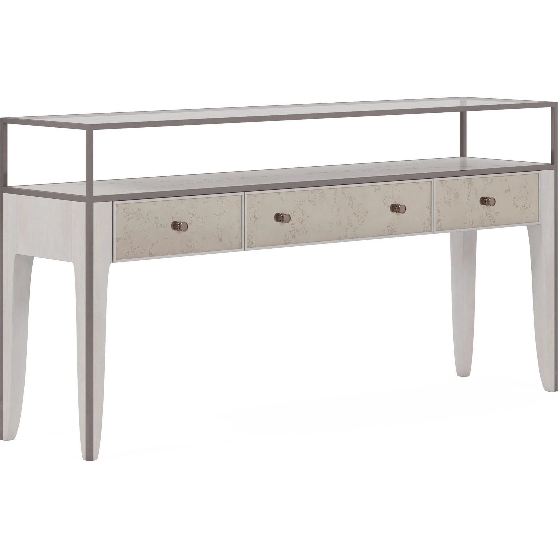 Mezzanine Console Table by A.R.T. Furniture in dove gray. Made from parawood, poplar solids, maple veneer, mirror, glass, steel in a modern style.