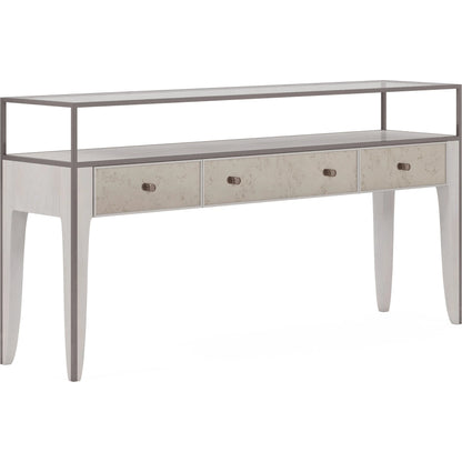 Mezzanine Console Table by A.R.T. Furniture in dove gray. Made from parawood, poplar solids, maple veneer, mirror, glass, steel in a modern style.