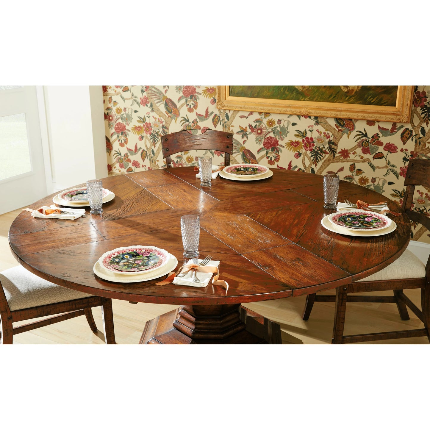017 SR-846201 | Lifestyle | Casual Accents Country Walnut Round Extendable Dining Table 59" by Jonathan Charles in brown and country farmhouse walnut. Made from acacia in a traditional style.