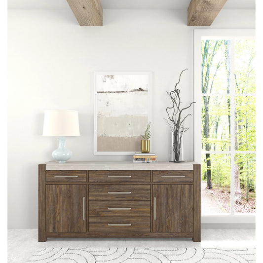 Stockyard Credenza by A.R.T. Furniture in smoked. Made from ash solids, knotty white oak veneers, travertine in a modern style.
