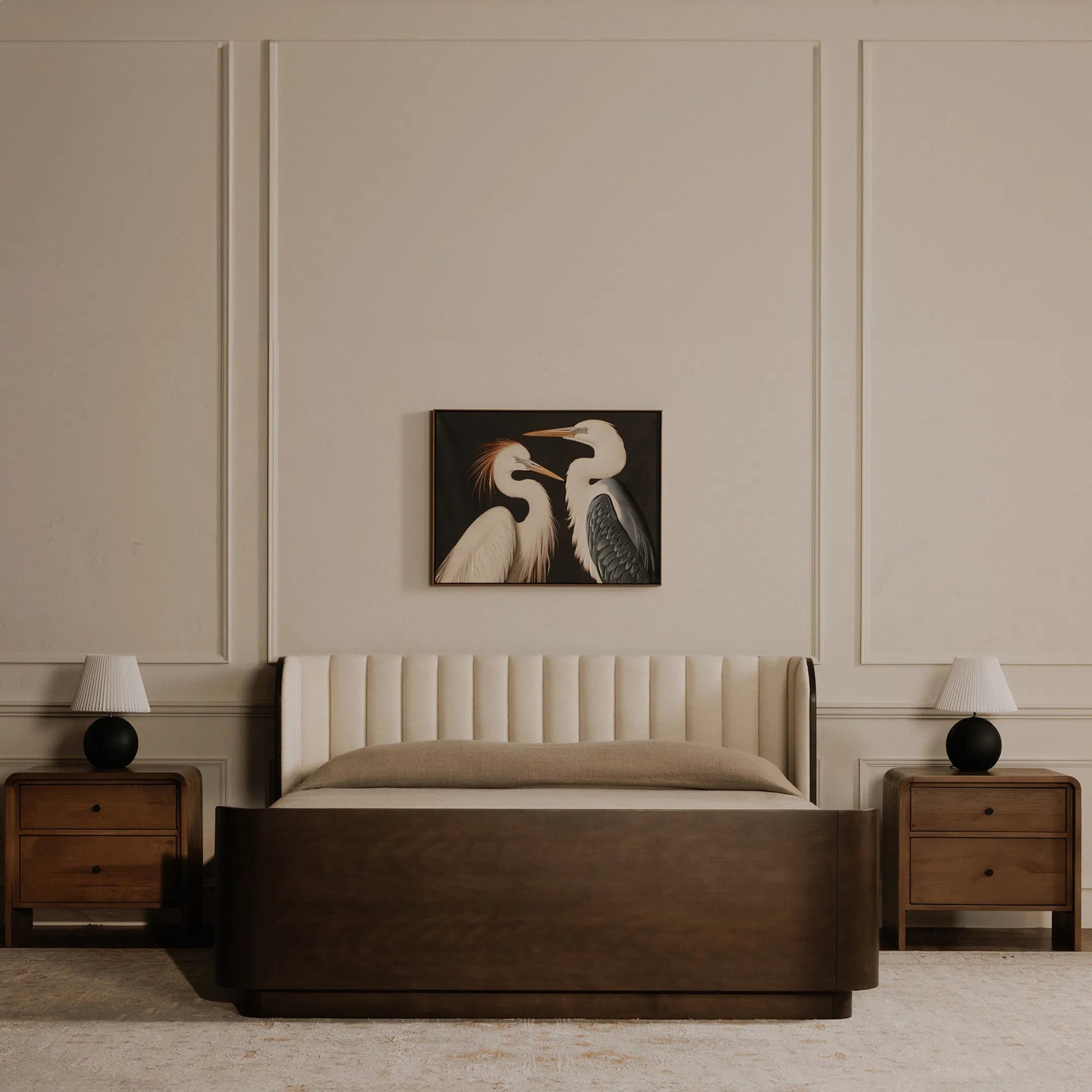 Two Cranes Framed Painting by Moe's Home Collection in multicolor. Made from acrylic paint on canvas, polyester canvas, solid wood frame, fir wooden stretcher in a coastal style.