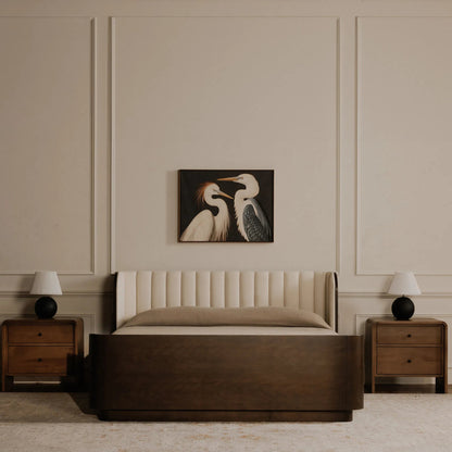 Two Cranes Framed Painting by Moe's Home Collection in multicolor. Made from acrylic paint on canvas, polyester canvas, solid wood frame, fir wooden stretcher in a coastal style.