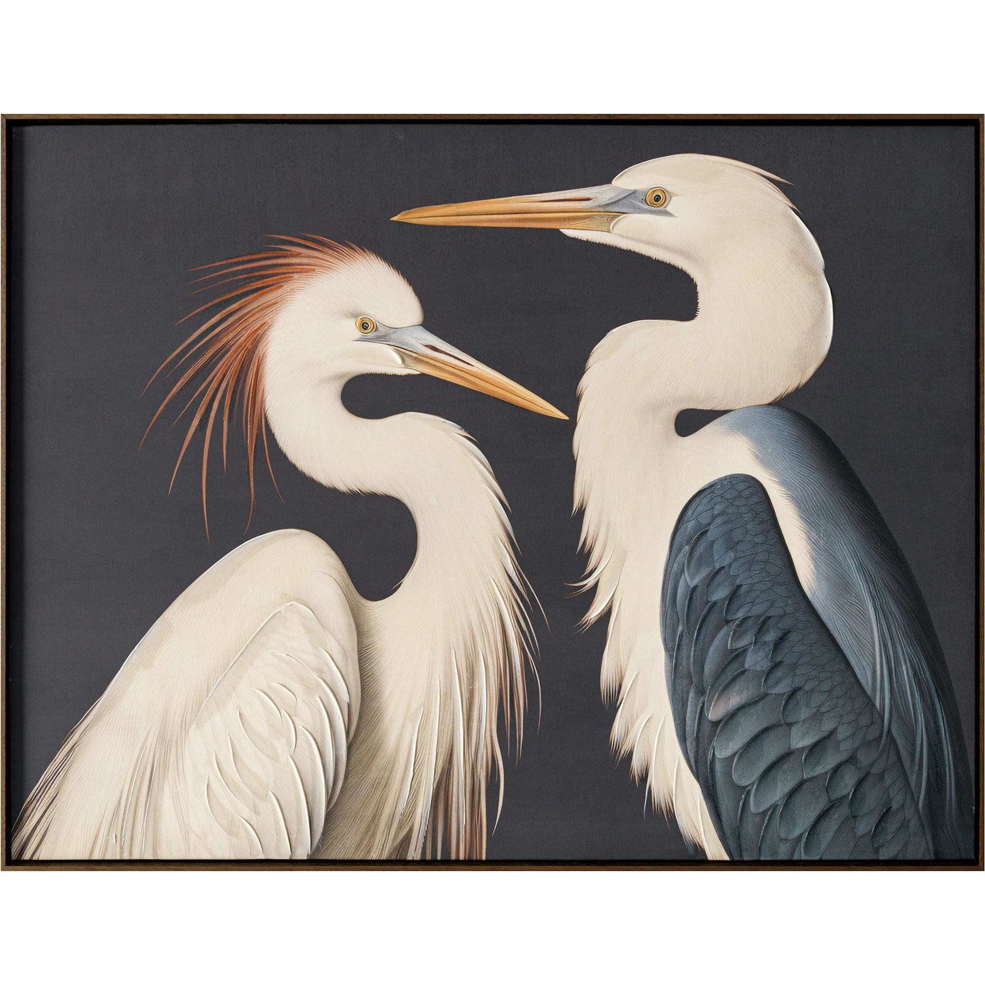 Two Cranes Framed Painting by Moe's Home Collection in multicolor. Made from acrylic paint on canvas, polyester canvas, solid wood frame, fir wooden stretcher in a coastal style.