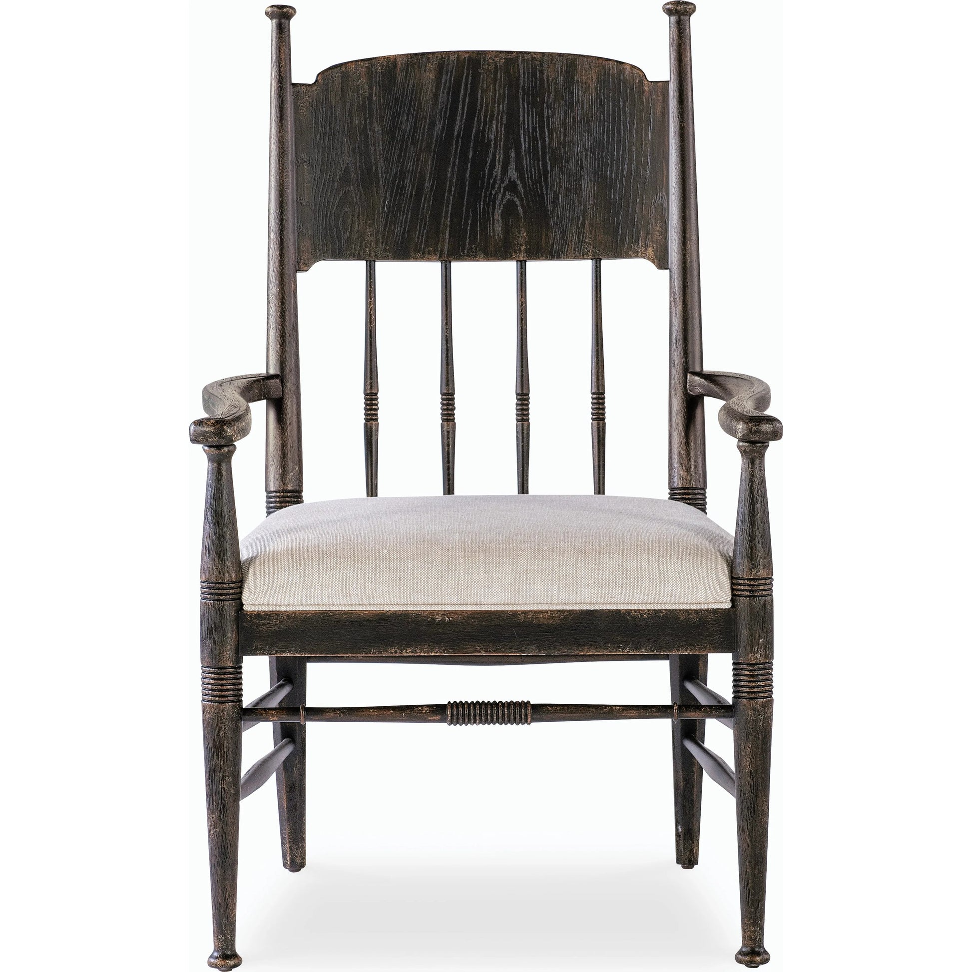 Americana Upholstered Seat Arm Chair by Hooker Furniture in beige. Made from oak veneers and fabric in a cottage & farmhouse style.
