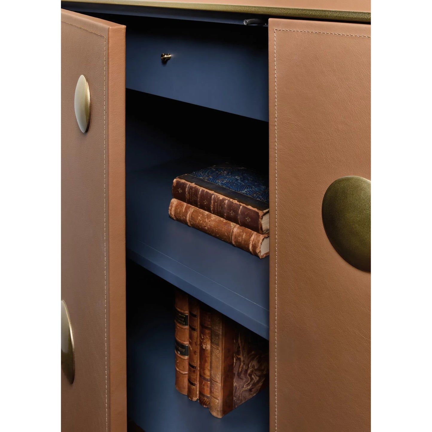 004 SI-2458424 | Closeup | Melange Lottie Dottie Hall Chest by Hooker Furniture in brown leather, gold accent metal, gold plinth. Made from wood, leather, aluminum, fabric, 100% polyester in a modern style.