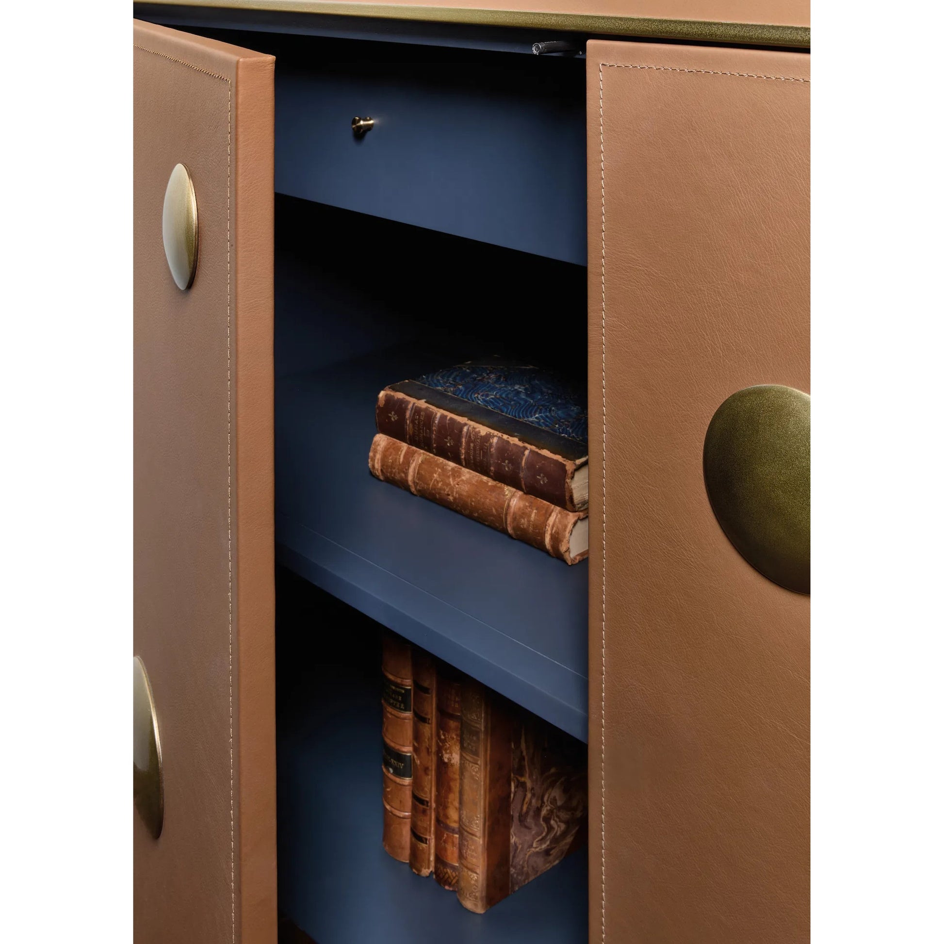 Melange Lottie Dottie Hall Chest by Hooker Furniture in brown leather, gold accent metal, gold plinth. Made from wood, leather, aluminum, fabric, 100% polyester in a modern style.