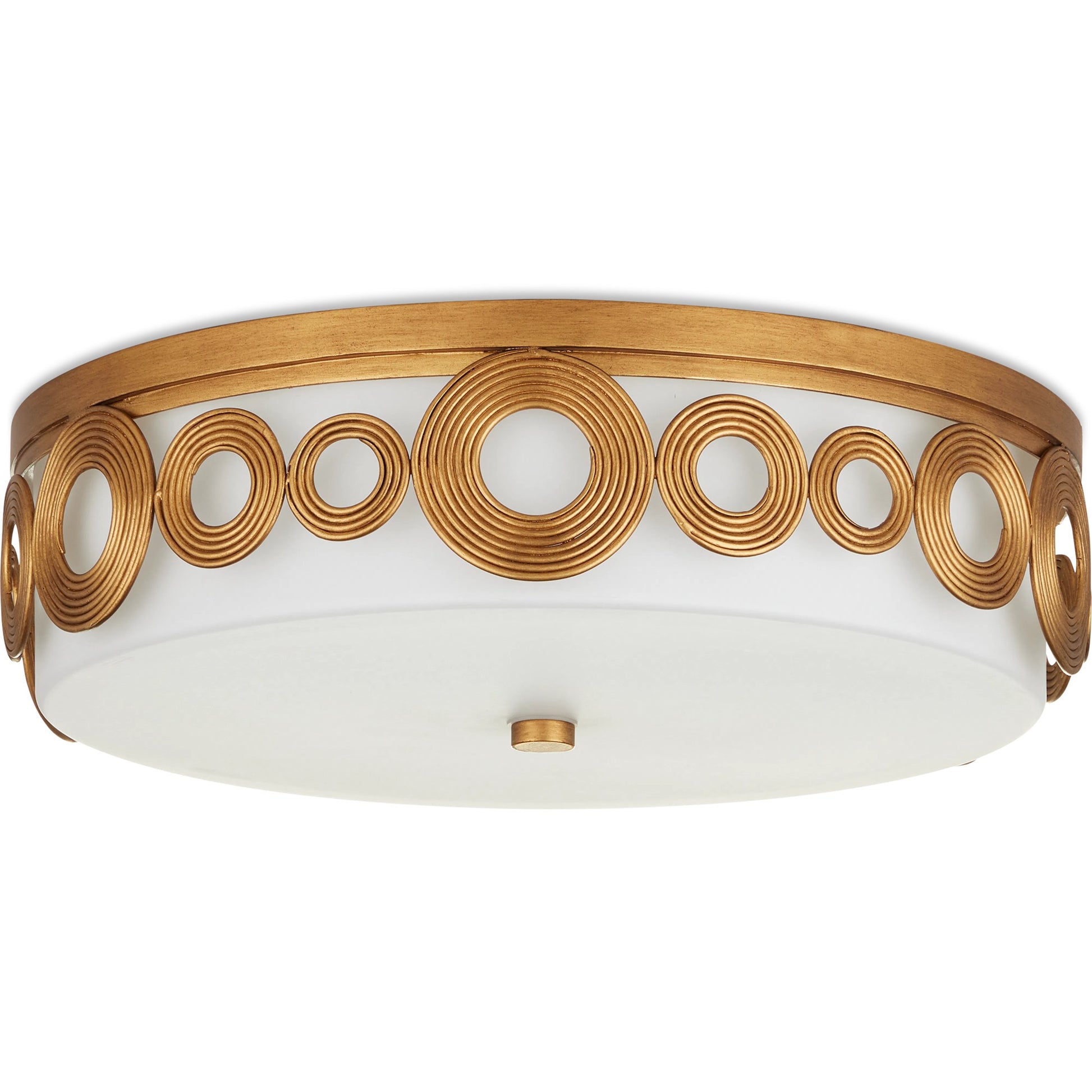Gyges Flush Mount by Currey and Company in brass, opaque white. Made from wrought iron, glass in a modern style.