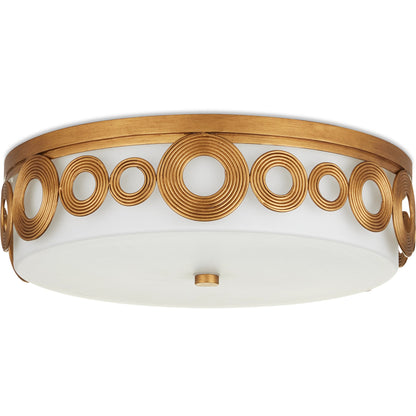 Gyges Flush Mount by Currey and Company in brass, opaque white. Made from wrought iron, glass in a modern style.