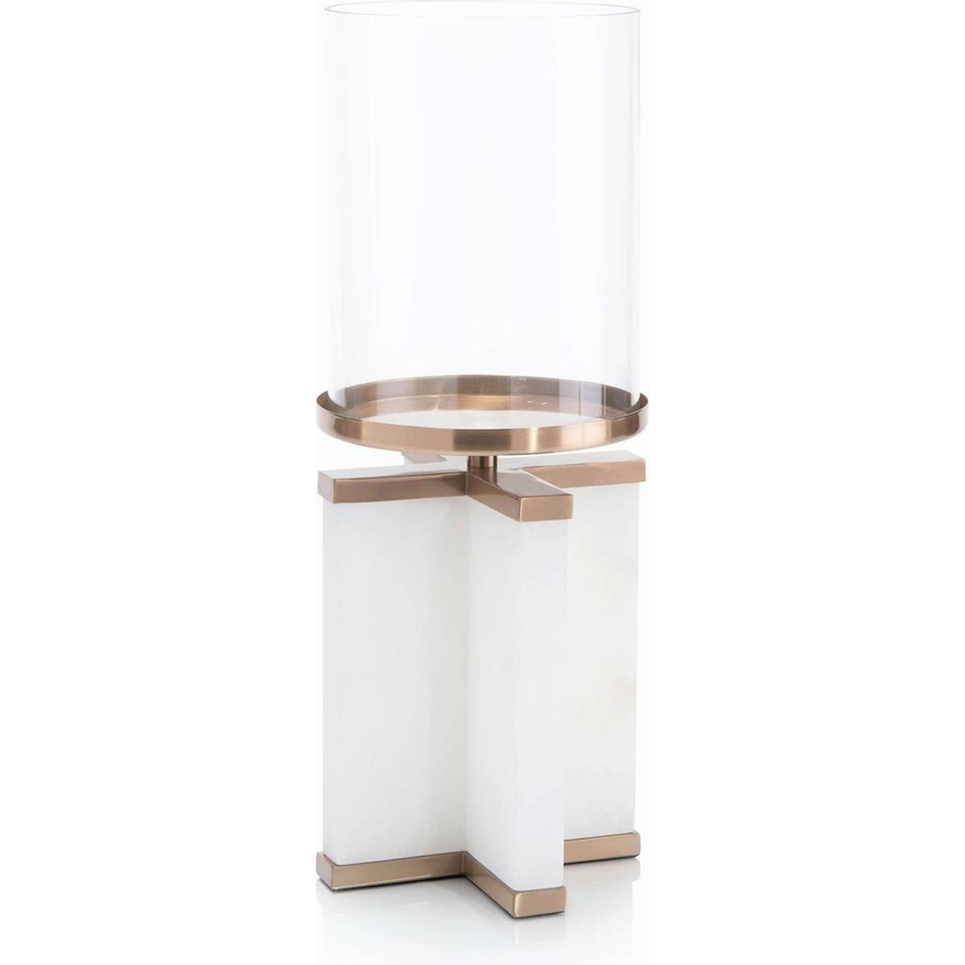 Alhambra Candle Holder by John-Richard in alabaster, bronze and white alabaster, coffee bronze, cream. Made from alabaster, glass, iron in a transitional style.