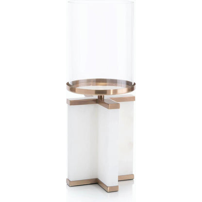 Alhambra Candle Holder by John-Richard in alabaster, bronze and white alabaster, coffee bronze, cream. Made from alabaster, glass, iron in a transitional style.