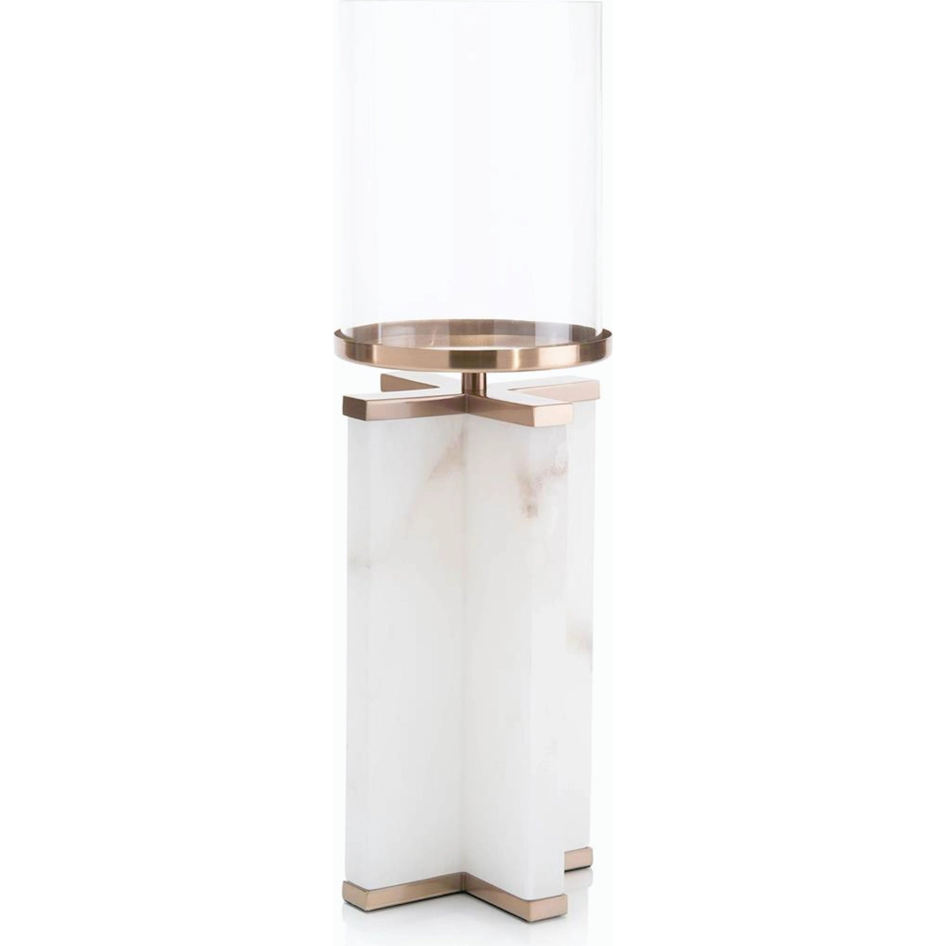 Alhambra Candle Holder by John-Richard in alabaster, bronze and white alabaster, coffee bronze, cream. Made from alabaster, glass, iron in a transitional style.