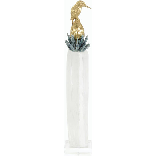 Brass Bird on Selenite Sculpture by John-Richard. Made from unique in a modern style.