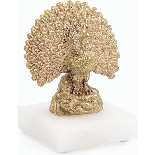 Brass Peacock Sculpture on Alabaster by John-Richard. Made from unique in a modern style.