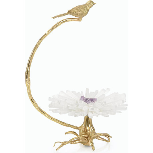 Brass Bird on Selenite Bloom Sculpture by John-Richard. Made from unique in a modern style.