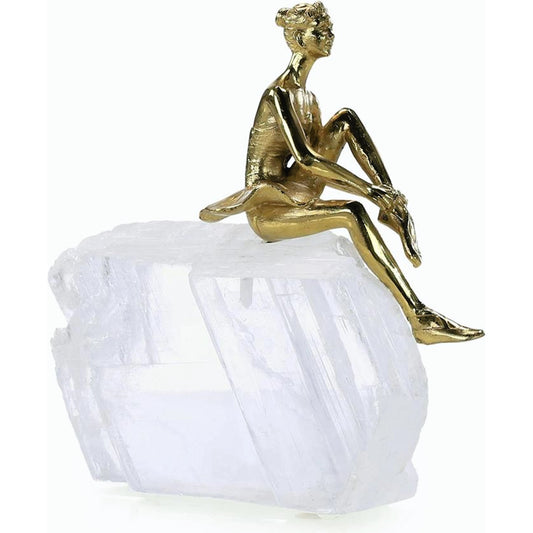 Resting Brass Dancer Sculpture on Selenite by John-Richard. Made from unique in a modern style.