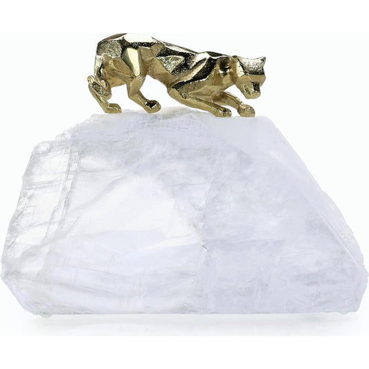 Perched Brass Panther Sculpture on Selenite by John-Richard. Made from unique in a modern style.