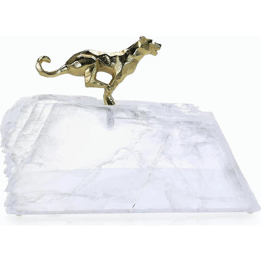 Sprinting Brass Panther Sculpture on Selenite by John-Richard. Made from unique in a modern style.