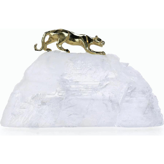 Prowling Brass Panther Sculpture on Selenite by John-Richard. Made from unique in a modern style.