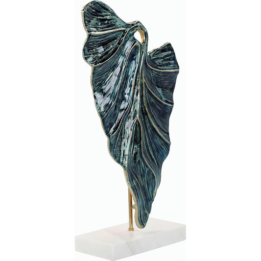 Standing Leaf Sculpture on Marble Base by John-Richard in blue. Made from unique in a modern style.