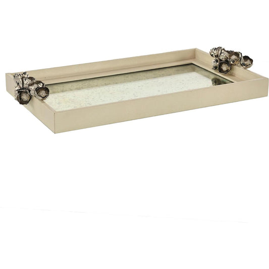 Coquelicot Tray by John-Richard in white, nickel and antiqued glass, nickel. Made from leather, glass, brass, crushed glass in a unique style.